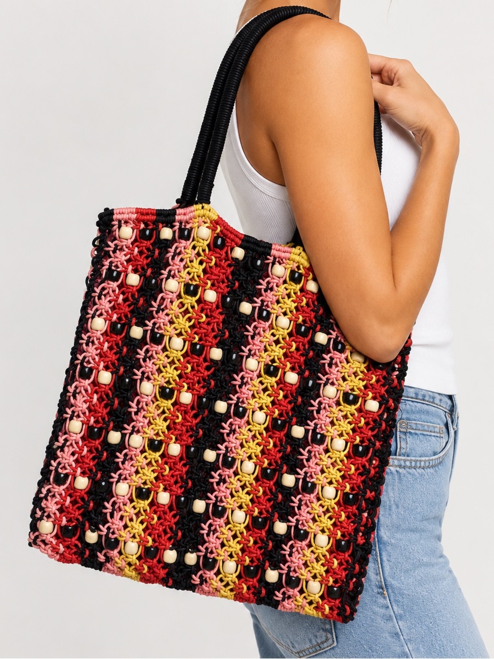 Woven Multicolor Bead-Accent Tote Bag - Black/Red/Pink [Forever 21]